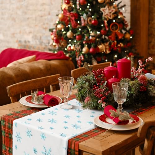 Fennoral Weihnachten Tischläufer aus Kunstfell Blau Schneeflocken Tischband mit Pailletten Schneeflocken Weihnachtstischläufer Winterliche Tischdecke Tischdeko für Weihnachten Winter Hochzeit 120x30cm von Fennoral