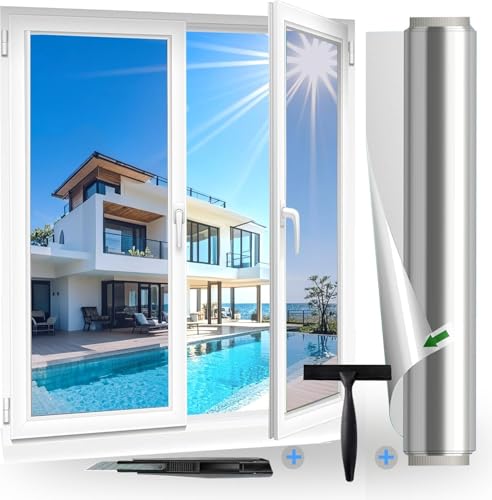 Fensfolie (60X200cm) Sonnenschutzfolie Fenster innen oder außen Silber, UV-Schutz Spiegelfolie, Ohne Rückstände Thermofolie Fenster Gegen Hitze, Sichtschutz Fensterfolie Hitzfolie von Fensfolie