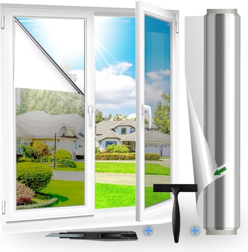 Fensfolie | UV-Schutz Sonnenschutzfolie Fenster innen oder außen | Fensterfolie Sonnenschutz Rückstandslose | Thermofolie Fenster Gegen Hitze | Spiegelfolie Sichtschutz | Silber(90X400cm) von Fensfolie