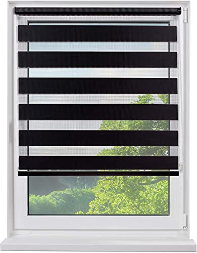 Fensterdecor Mini Doppel-Rollo, Klemmfix Duo-Rollo mit Seitenzug, Zebra-Rollo zum Klemmen in Schwarz, für idealen Sichtschutz, ohne Bohren, Blickdicht und lichtdurchlässig, 120 x 150 cm von Fensterdecor