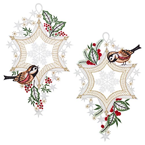 Plauener Spitze Fensterbild "Stern mit Vogel" in verschiedenen Designs (Stern mit Vogel 2er Set) von Fensterdekoration