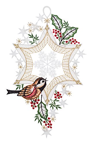 Plauener Spitze Fensterbild "Stern mit Vogel" in verschiedenen Designs (Stern mit Vogel links unten) von Fensterdekoration