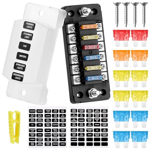 Fentar 12v Sicherungskasten, 6 Fach ATC/ATO Sicherungshalter 12 Volt, Auto Sicherungen Set mit 5A, 10A, 15A, 20A Autosicherungen, KFZ Sicherungskasten mit Staubdicht Cover und DIY Aufkleber für Auto von Fentar