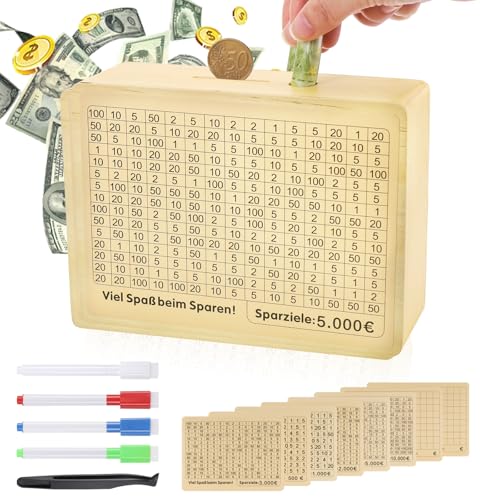 Fentar Spardose Holz, Sparbox mit Zahlen Ankreuzen, Retro Goalsaver Box 500 bis 10000 Euro Geld Sparen Challenge, Sparschwein aus Holz mit Zähler, Geldsparbox, Spardose für Kinder Erwachsene (Beige) von Fentar