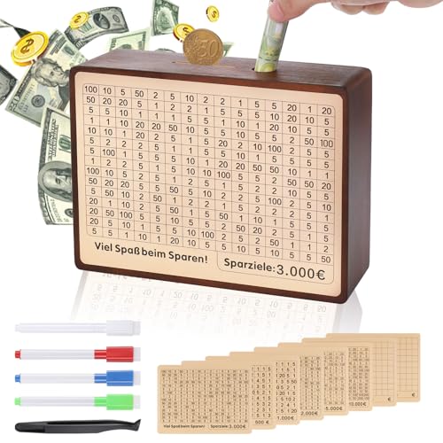 Fentar Spardose Holz, Sparbox mit Zahlen Ankreuzen, Retro Goalsaver Box 500 bis 10000 Euro Geld Sparen Challenge, Sparschwein aus Holz mit Zähler, Geldsparbox, Spardose für Kinder Erwachsene (Braun) von Fentar