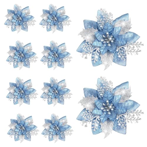 Fenteer 10 Stück Weihnachtssterne, 14,5 cm, Tischdekoration, Heimdekoration, künstliche Blumen, Glitzerblumen für Girlanden, Weihnachtskranz, Hellblau von Fenteer