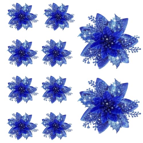 Fenteer 10 Stück Weihnachtssterne, 14,5 cm, Tischdekoration, Heimdekoration, künstliche Blumen, Glitzerblumen für Girlanden, Weihnachtskranz, Tiefes Blau von Fenteer