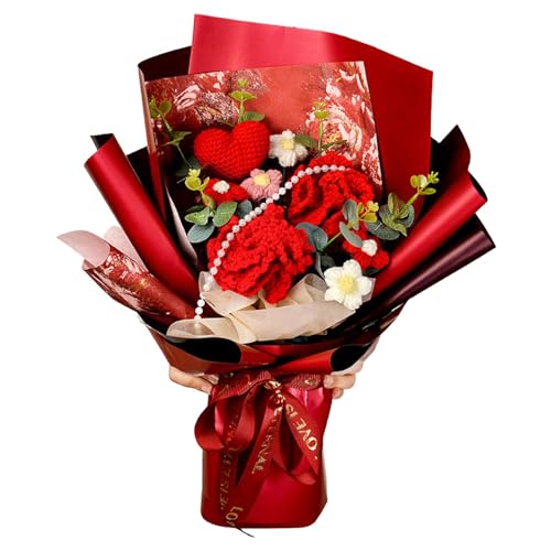 Fenteer Gehäkelter Nelkenstrauß, handgewebter Blumenstrauß, niedlich, bereits hergestellt, für Muttertagsgeschenk, Valentinstag, Festival , Rot von Fenteer