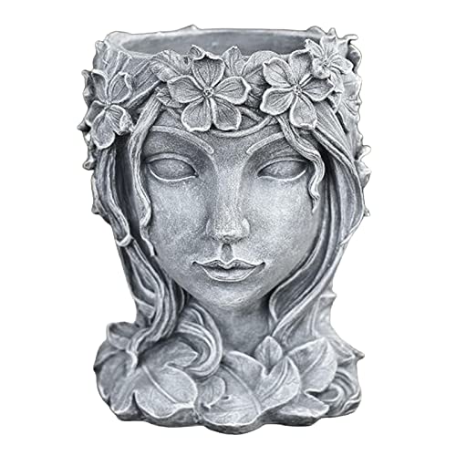 Fenteer Gesicht Kunst Skulptur Blumentopf Harz Blumentopf Weibliche Gesicht Pflanzer mit Loch Hause Blumentopf Ornament Home Decor, Grau von Fenteer