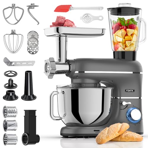 Fentic 6-in-1 Küchenmaschine – 2000W – Mit Fleischwolf, 1,5L Entsafter, Gemüseschneider und Mehr – Knetmaschine mit 6,2L Rührschüssel, Rührhaken, Knethaken, Schlagbesen und Spritzschutz (Anthrazit) von Fentic