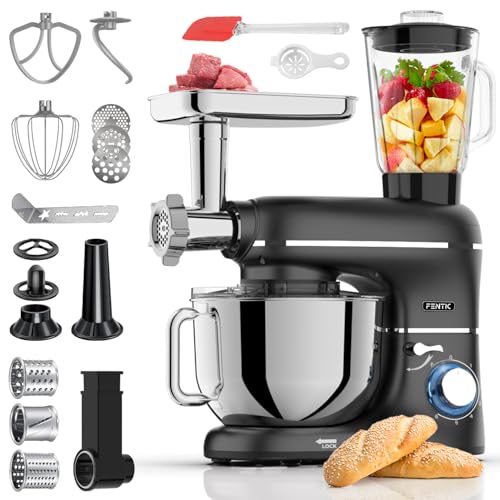 Fentic 6-in-1 Küchenmaschine – 2000W – Mit Fleischwolf, 1,5L Entsafter, Gemüseschneider und Mehr – Knetmaschine mit 6,2L Rührschüssel, Rührhaken, Knethaken, Schlagbesen und Spritzschutz (Schwarz) von Fentic