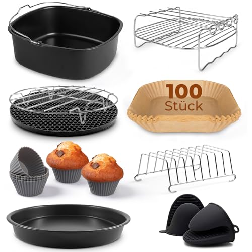 Fentic Heißluftfritteuse Zubehör – 19-Teiliges - Geeignet für XL und XXL Air Fryer, Philips, Cosori 5.5L, Ninja, Cecotec, Tefal, Princess – Inklusive Backpapier für Heißluftfritteuse und E-Rezeptbuch von Fentic