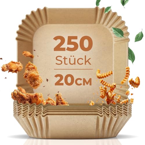Fentic Backpapier für Heißluftfritteuse, 250 Stück, 20x20cm, Airfryer Backpapier, Passend für Philips 4,1L, Cosori 4.7L, Ninja 4.7L, Tefal 4.2L, Cecotec 2.5L, Heißluftfritteuse Zubehör von Fentic
