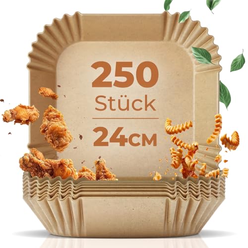 Fentic Backpapier für Heißluftfritteuse, 250 Stück, 24x24cm, Airfryer Backpapier, Passend für Philips 6,2L, Cosori 5.5L, Ninja 5.2L, Tefal 5.6L, Cecotec 5.5L, Heißluftfritteuse Zubehör von Fentic
