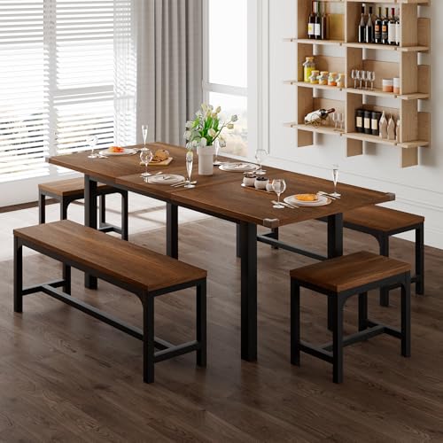 Feonase 5-teiliges Esstisch-Set für 4-8 Personen, 160 cm ausziehbarer Küchentisch mit 2 Bänken und 2 quadratischen Hockern, Mid-Century Moderner Esszimmertisch aus Holz, platzsparend, Walnuss Feonase 5-teiliges Esstisch-Set für 4-8 Personen, 160 cm ausziehbarer Küchentisch mit 2 Bänken und 2 quadratischen Hockern, Mid-Century Moderner Esszimmertisch aus Holz, platzsparend, Walnuss von Feonase