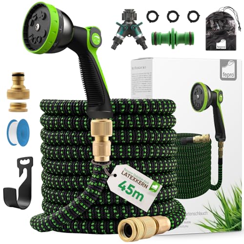 Fepro® Flexibler Gartenschlauch mit 10 Funktion 45m Premium, Wasserschlauch flexibel mit 3-Fach Latexkern inkl. Vollmessing Adapter für 1/2' 3/4' Zoll, Tasche, 2-Wege Ventil und Wandhalterung von Fepro