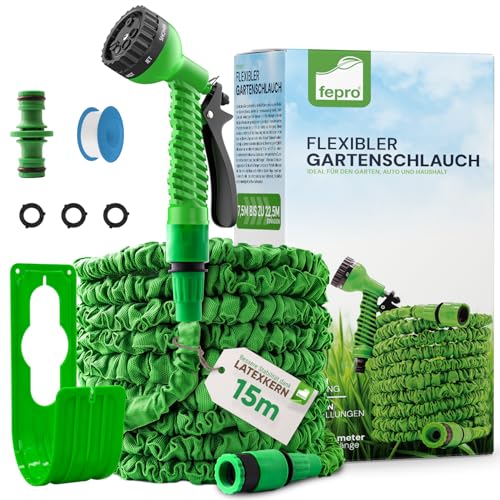 Fepro® Flexibler Gartenschlauch mit 7 Funktion 15m basic, Wasserschlauch flexibel mit 3-Fach Latexkern inkl. Adapter für 1/2' 3/4' Zoll und Wandhalterung, dehnbarer flexiSchlauch von Fepro