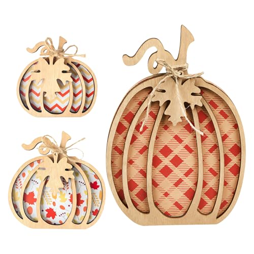 3 Stück Herbstdeko, Holz Kürbis Herbstdeko Innen Herbst Deko Tischdeko Kürbis Holz Ornament, Gestuftes Tablett Deko Set für Bauernhaus Wohnzimmer Erntedankfest Tisch Mittelstück Dekoration (A) von Ferakum