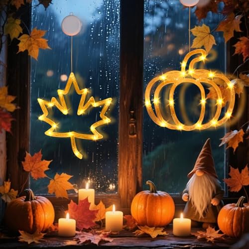 Ferakum Herbstdeko Fensterlicht mit Saugnapf, Herbst Kürbis Ahornblatt LED Beleuchtung Batteriebetrieben IP55 Schutz Für Halloween Herbst Dekoration Fensterdekoration (A+B) von Ferakum