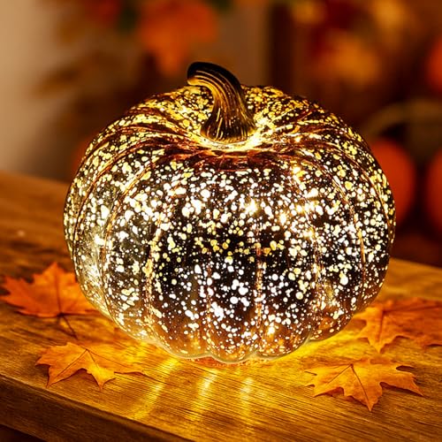Ferakum Herbstdeko Kürbis Laternen, Herbst Kürbis Deko mit LED Lichter Glas Kürbis Beleuchtet, Halloween Deko Kürbis Lampe Kürbislaterne Herbst Tischdeko Für Herbstdeko Erntedankfest Halloween (01) von Ferakum