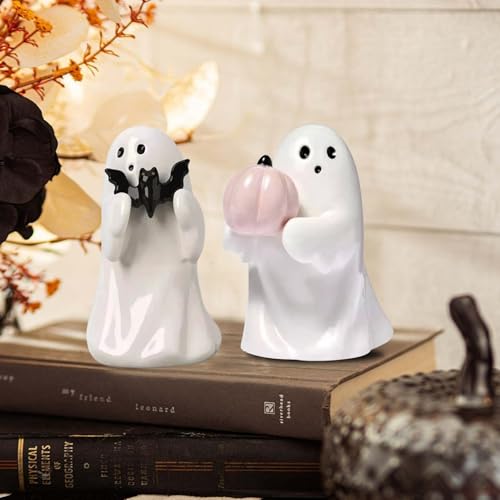Halloween Deko Geist Figuren, Halloween Deko Geister Statue mit Fledermaus Kürbis Dekoration Innen Geisterfigur Harz Tischdeko Geister Herbst Dekoration Statue Für Tisch Herbstdeko (A+B) von Ferakum