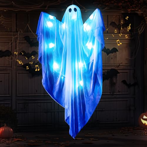 Halloween Deko Geist mit LED Lichtern, 120cm Hängender Beleuchtete Weiße Geisterkranz mit 3 Lichtmodi und Sprachsteuerung, Hängende Geister Deko für Vorgarten Garten Party Deko (Blau) von Ferakum