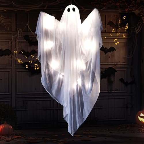 Halloween Deko Geist mit LED Lichtern, 120cm Hängender Beleuchtete Weiße Geisterkranz mit 3 Lichtmodi und Sprachsteuerung, Hängende Geister Deko für Vorgarten Garten Party Deko (Weiß) von Ferakum