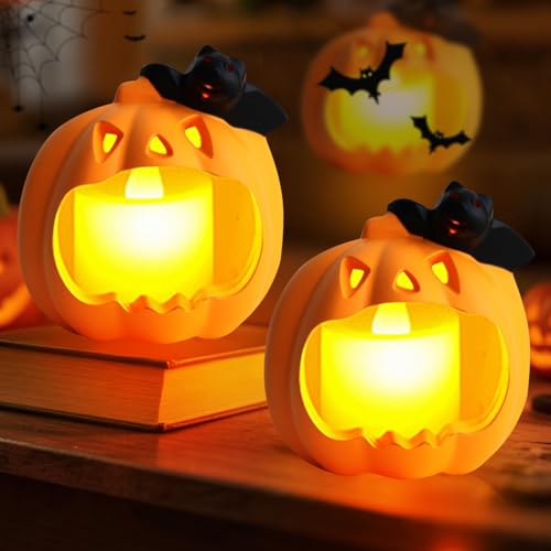 Halloween Deko LED Kerzen, 2 Stück Flammenlose Flackernde LED Kerzen, Halloween Deko Innen LED Licht Batteriebetrieben für Indoor Outdoor Tischdeko Dekoration Party Geschenke (F) von Ferakum