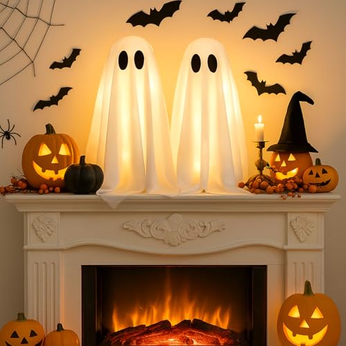 Halloween Dekoration Leuchtend Geister, 2 Stück Geister Dekoration mit Lichterkette, Batteriebetriebene Tischdeko Ghosts Dekoration für Halloween Deko Innen Außen Party Zuhause Tisch Kamin (A) von Ferakum
