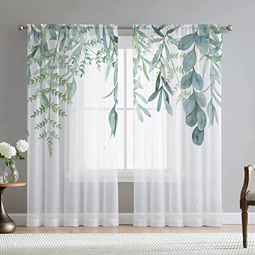 Fereyis Grüne Eukalyptusblätter-Vorhänge für Wohnzimmer, 213,4 cm Länge, 2 Paneele, elegante Weidenblätter, Pflanze, Frühling, bedruckt, Fenstervorhang, natürlich, durchscheinend, Chiffon-Vorhänge für von Fereyis