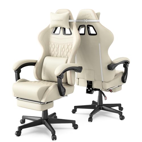 Ferghana Gaming Stuhl,Gepolstert Gaming Chair,Bürostuhl Ergonomisch,Racing Gamer Sessel mit Fußstütze,Verstellbare Lendenkissen,Kopfkissen,PU Leder Computerstuhl Gaming für Erwachsene Jugend(Weiß) von Ferghana