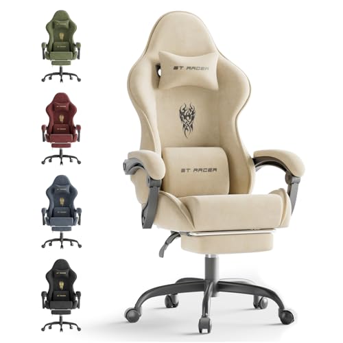 Ferghana Gaming Stuhl Ergonomisch,Gaming Chair，Atmungsaktiver Bürostuhl aus Hochwertigem Stoff，Computerstuhl mit verstellbare Kopfstütze und Lendenkissen，Armlehnen，Fußstütze，Racing PC Stuhl ，Weiß von Ferghana