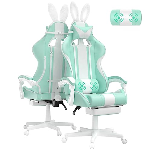 Ferghana Gaming Stuhl Ergonomisch Gaming Sessel mit Fußstütze Gaming Chair mit Kopfstütze und Lendenkissen PC Stuhl Racing Computerstuhl mit Hasenohren Mintgrün von Ferghana