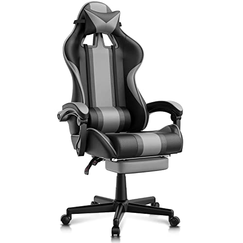 Ferghana Gaming Stuhl Ergonomisch Racing Gaming Sessel mit Fußstütze Computerstuhl mit kopfstütze Gamingstuhl PC Stuhl Gaming Chair für Gamer Grau von Ferghana