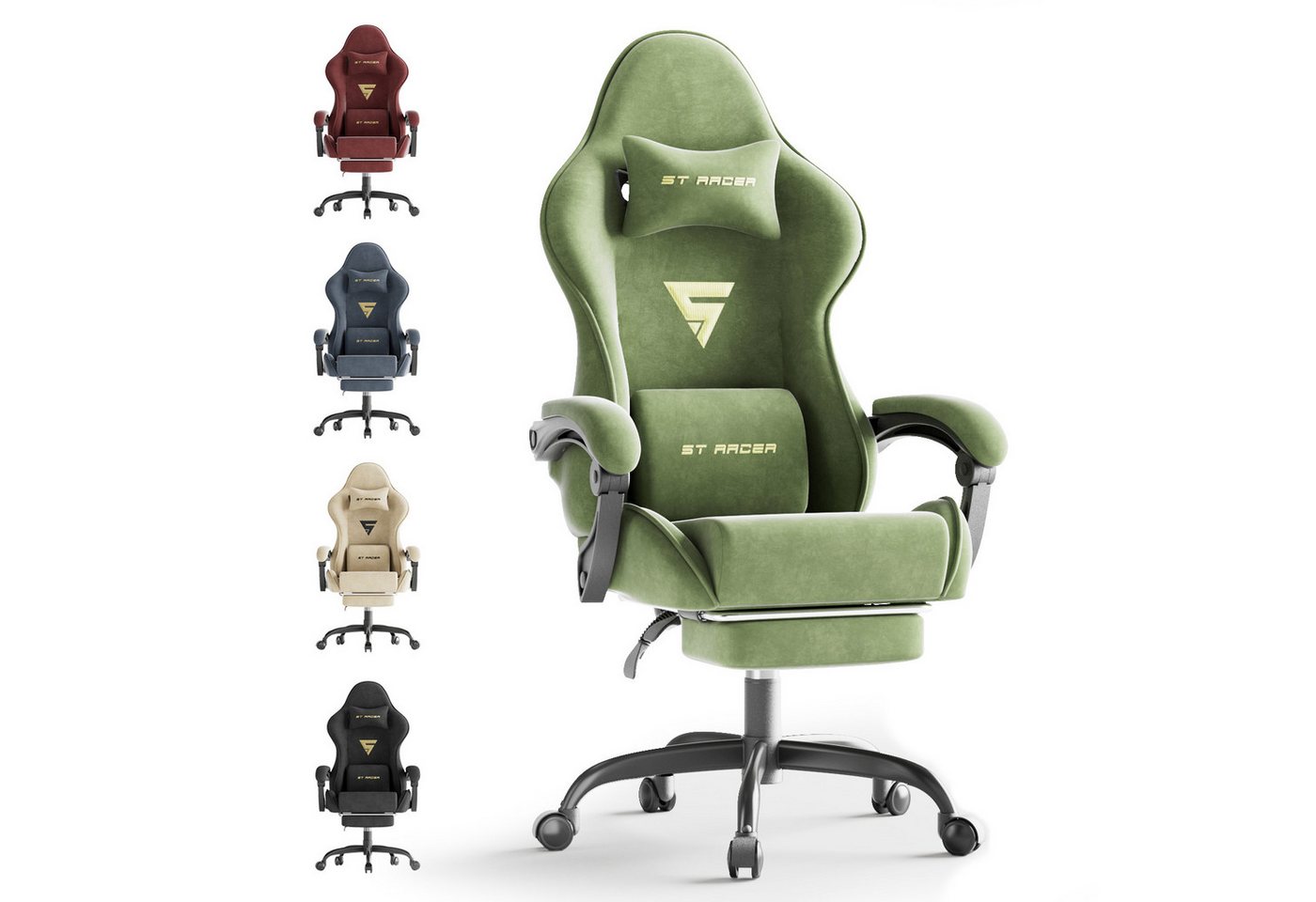 Ferghana Gaming-Stuhl Gaming-Stuhl: Kopfstütze, Lendenkissen, Armlehnen, Fußstütze (Packung), Ergonomischer PC-Stuhl,Rückenlehne 90°-125° von Ferghana