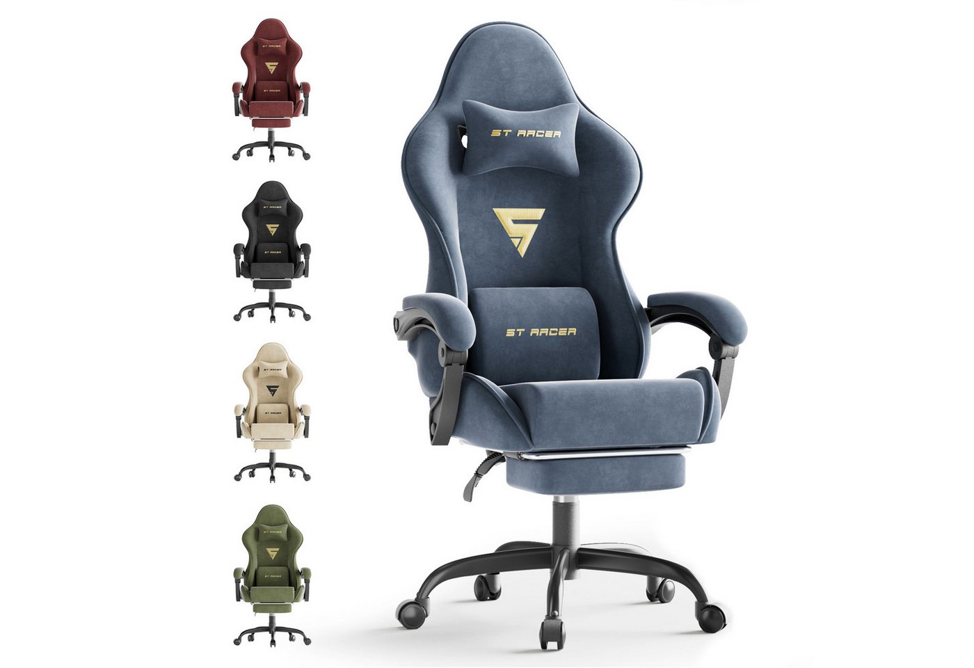 Ferghana Gaming-Stuhl Gaming-Stuhl: Kopfstütze, Lendenkissen, Armlehnen, Fußstütze (Packung), Ergonomischer PC-Stuhl,Rückenlehne 90°-125° von Ferghana