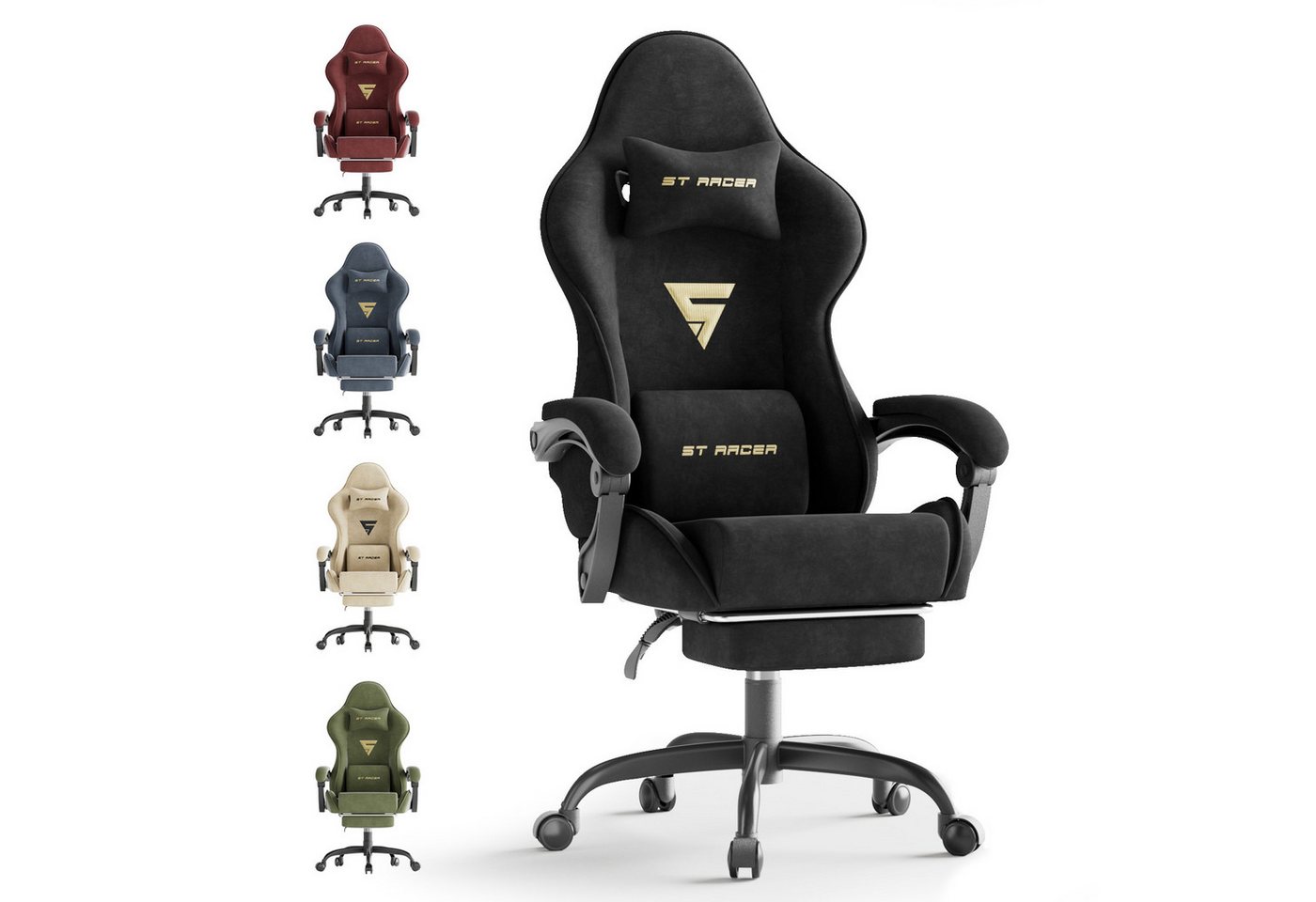 Ferghana Gaming-Stuhl Gaming-Stuhl: Kopfstütze, Lendenkissen, Armlehnen, Fußstütze (Packung), Ergonomischer PC-Stuhl,Rückenlehne 90°-125° von Ferghana