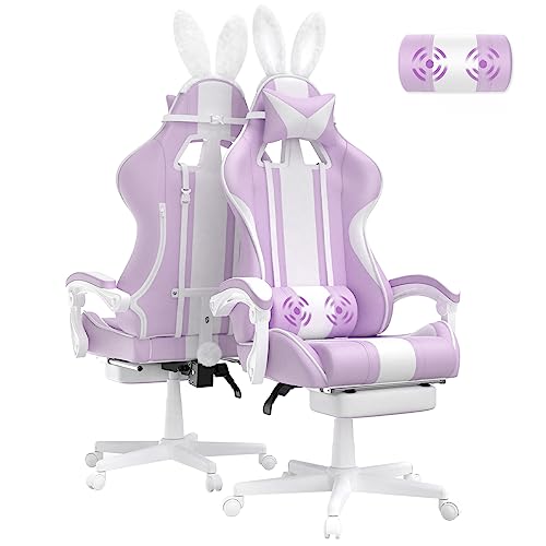 Ferghana Gaming Stuhl Ergonomisch Gaming Sessel mit Fußstütze Gaming Chair mit Kopfstütze und Lendenkissen PC Stuhl Racing Computerstuhl mit Hasenohren Violett von Ferghana