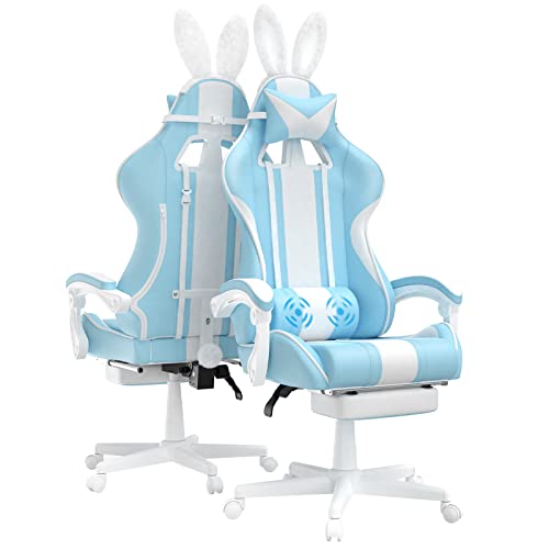 Ferghana Gaming Stuhl Massage Ergonomischer Gaming Sessel mit Fußstütze PC Stuhl Gaming Chair mit Kopfstütze und Lendenkissen Racing Computerstuhl mit Hasenohren Hellblau von Ferghana