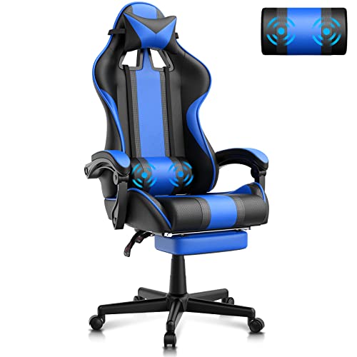 Ferghana Gaming Stuhl mit Fußstütze Ergonomischer Gaming Sessel Chair mit Kopfstütze Bürostuhl PC Stuhl Gamer Racing mit Lendenkissen Computerstuhl Leder Blau von Ferghana