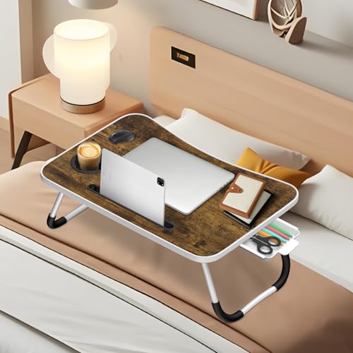 Ferghana Klappbarer Laptop-Schreibtisch Klappbar,Tisch 60x40cm Leichtes Bett Schreibtisch Engineering Design Multifunktionstisch (Kartenschlitz + Tassenträger + Schublade, Braun) von Ferghana