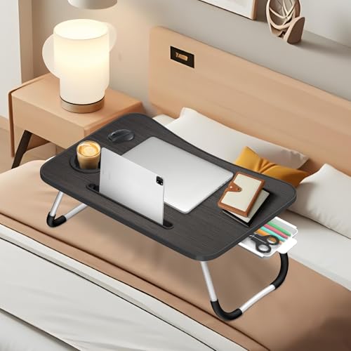 Ferghana Klappbarer Laptop-Schreibtisch Klappbar,Tisch 60x40cm Leichtes Bett Schreibtisch Engineering Design Multifunktionstisch (Kartenschlitz + Tassenträger + Schublade, Schwarz) von Ferghana
