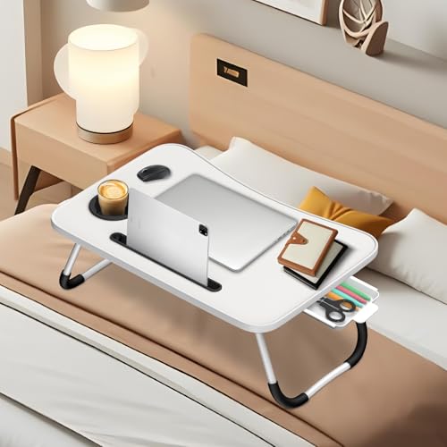 Ferghana Klappbarer Laptop-Schreibtisch Klappbar,Tisch 60x40cm Leichtes Bett Schreibtisch Engineering Design Multifunktionstisch (Kartenschlitz + Tassenträger + Schublade, Weiß) von Ferghana