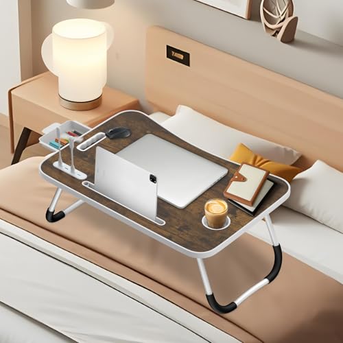 Ferghana Klappbarer Laptop-Schreibtisch Klappbar,Tisch 60x40cm Leichtes Bett Schreibtisch Engineering Design Multifunktionstisch (Kartenschlitz + Tassenträger + Schublade + Licht + Lüfter, Braun) von Ferghana