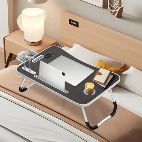 Ferghana Klappbarer Laptop-Schreibtisch Klappbar,Tisch 60x40cm Leichtes Bett Schreibtisch Engineering Design Multifunktionstisch (Kartenschlitz + Tassenträger + Schublade + Licht + Lüfter, Schwarz) von Ferghana