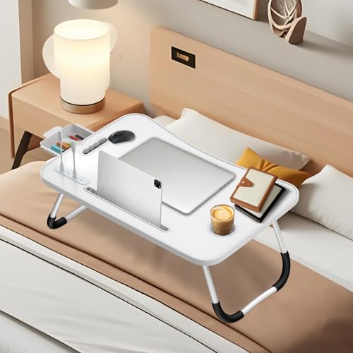 Ferghana Klappbarer Laptop-Schreibtisch Klappbar,Tisch 60x40cm Leichtes Bett Schreibtisch Engineering Design Multifunktionstisch (Kartenschlitz + Tassenträger + Schublade + Licht + Lüfter, Weiß) von Ferghana