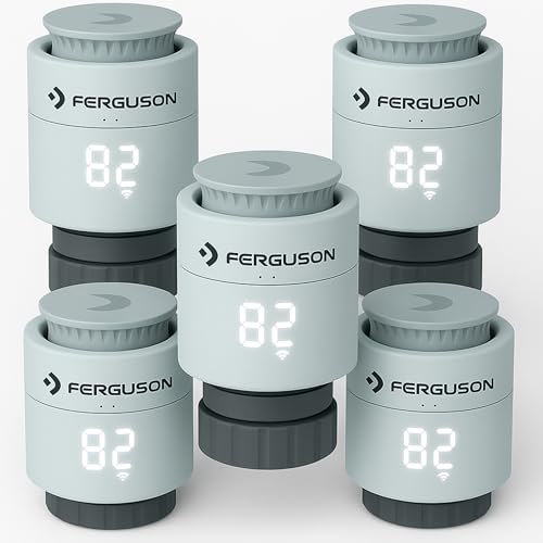 Ferguson 5X Smart Thermostatkopf ZigBee – Heizkörperthermostat programmierbar mit App Steuerung, Funkthermostat für Smart Home Set kompatibel mit Home Connect System Ferguson 5X Smart Thermostatkopf ZigBee – Heizkörperthermostat programmierbar mit App Steuerung, Funkthermostat für Smart Home Set kompatibel mit Home Connect System von Ferguson