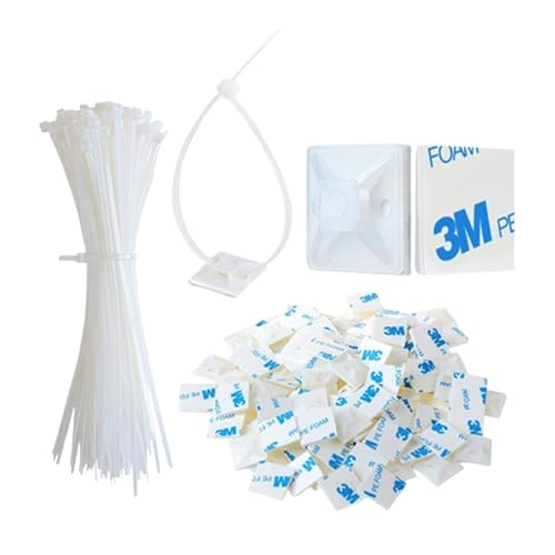 Ferizzia 100 Stück Kabelbinder Weißer Set, Enthält 100 Pcs 15 cm Kabelbinder Und 100 Pcs 12.5 x 12.5 mm Klebesockel, Klebesockel Für Kabelbefestigung, für Kabelmanagement, Gartenarbeit, Wohnen von Ferizzia
