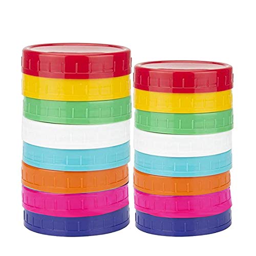 Ferleiss 16 farbige Kunststoff-Einmachglas-Deckel – 8 breite Öffnungen und 8 normale Öffnung, rutschfeste Lebensmittel-Aufbewahrungskappen von Ferleiss