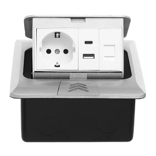 Bodeneinbausteckdose Multifunktional Steckdose Deckel mit Soft-Pop-up 1 Einbaustecker,1 USB-Buchse und Typ-C-Anschluss,IP44 Wasser (Silber + Schwarz) von Fermoirper